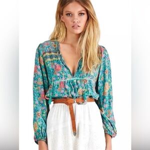 Spell Folk town Teal and Pink Floral Blouse